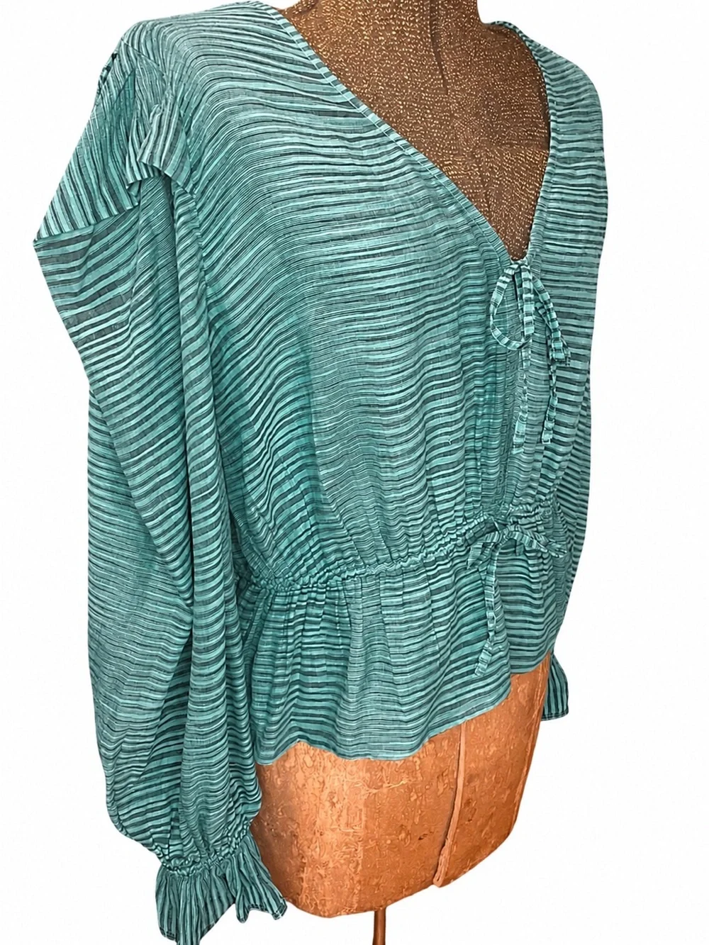 Ulla Johnson Ophelia Teal Striped Cotton Peplum Blouse Size 12